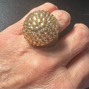 Round High Dome Champagne Rhinestone Disco Cocktail Party Gold Tone Ring Sz 7